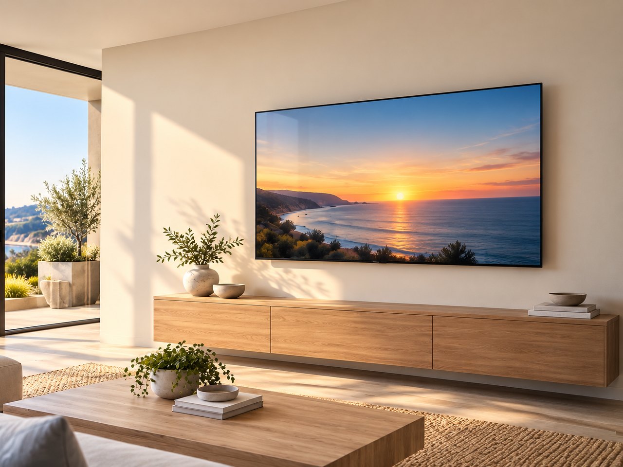 A bright living room with a large wall-mounted TV above a floating wood console and an ocean view